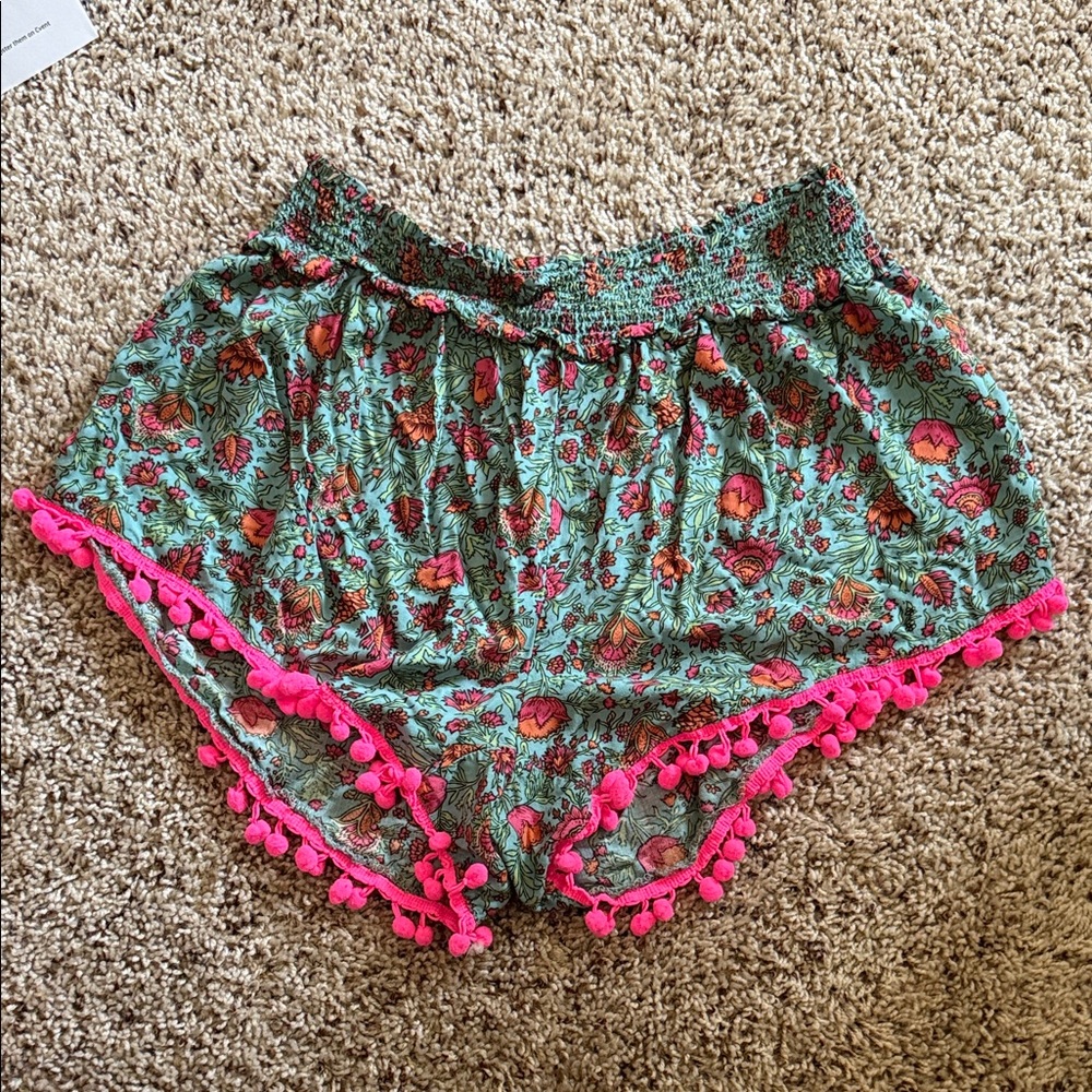 NATURAL LIFE Floral Green and Pink Pom-Pom Shorts